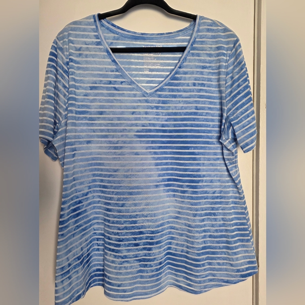 Terra & Sky Vneck Striped Tee, Blue/White, Size 1X (16W-18W)